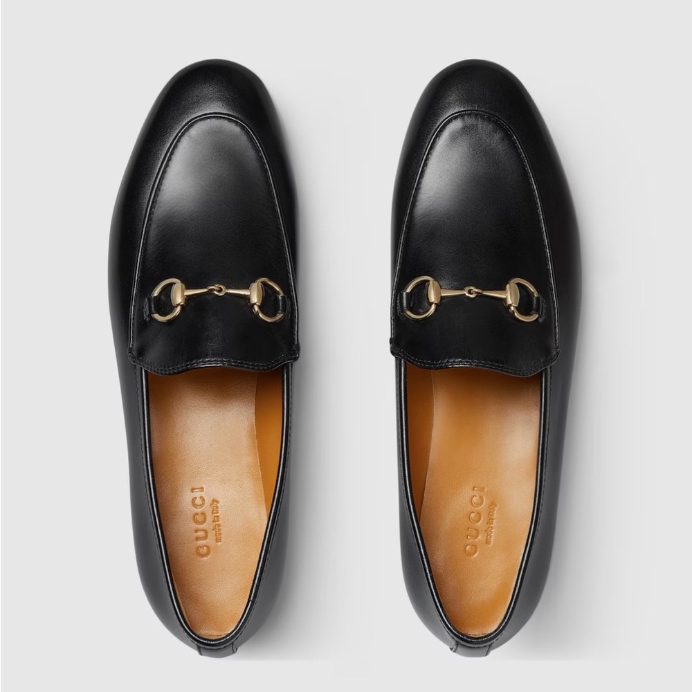 NIB Gucci Jordaan Horsebit Black Leather Loafers with Gold Accents